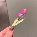 Pince à cheveux tulipe rose avec feuilles jaunes en émail coloré sur métal brillant - Rose Rouge