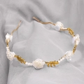 Elegant gold metal headband featuring white resin roses, pearls, and golden leaves - 40# White Rose Pearl Headband