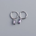 Minimalist 925 sterling silver hoop earrings with a rectangular purple zircon pendant - Platinum (Purple Zirconia)