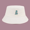 Detailed close-up of colorful dinosaur embroidery on a white cotton sun hat for summer - One Size / White