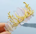 Macro detail of raw white quartz crystal crown with gold crescent moon and branch elements - Rose Quartz+No.3 Crystal+Gold Branch+Gold Moon