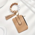 Brown and white marble silicone bead keychain bracelet with matching leather card holder - #3 Brown Series