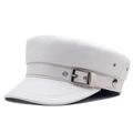 White faux leather flat top beret hat with metallic side buckle detail and textured finish - 58cm / White With Belt Buckle
