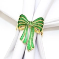 Golden metal bow napkin ring with green enamel and glitter accents for holiday tables - 120-Green Glitter Bow