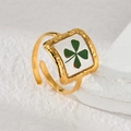 Adjustable golden open ring featuring a square resin pendant with a real green four-leaf clover - Green Four-Leaf Clover Square Shape (OLBR703-D-syc)