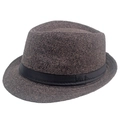 Classic dark brown wool fedora hat with black satin band for men in vintage style - M (56-58cm) / Coffee Herringbone (Khaki)