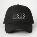 Black cotton baseball cap with JESUS print and adjustable strap for sun protection - One Size / Black
