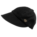 Detailed close-up of a black denim baseball cap with a vintage metal shield emblem on the side - Adjustable / Black