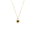 Golden stainless steel necklace with a black enamel sunburst heart pendant and beaded chain - Gold Black