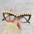 Occhiali da sole cat eye neri con decorazioni di fiori di perle e strass brillanti - Montatura Nera Lenti Trasparenti