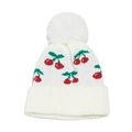 Gestrickte weiße Kirsch-Beanie für Mädchen mit großem Kunstpelz-Bommel und Ohrenschutz - M (52-54cm) / Weiß