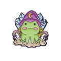 Cute green frog with purple wizard hat enamel pin featuring mushrooms and crystals - Mushroom Frog Wizard (XZ8483)