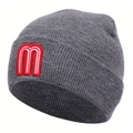 Gray knitted beanie hat with red and white embroidered M letter on white background - One Size / Gray