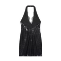 Elegante abito nero con paillettes allacciato al collo con finiture in pizzo e scollo a V - S / Nero