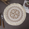 Beige and brown woven jute placemat with white ethnic pattern and tassel edge - White Tassel Pattern 4