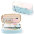 Large capacity stationery pouch in mint green and white canvas with multi-layer storage - Canvas Green