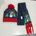 LED Christmas knit set with hat and scarf featuring snowman pattern in navy blue - Snowman 2 Trees-Set