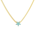 Detail of gold star pendant necklace with light blue stone inlay on a flat snake chain - Gold Turquoise Star