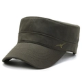 Short brim flat top military cap in olive green with bird embroidery detail - Adjustable / Army Green