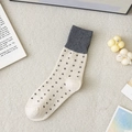 Beige wool blend crew socks with dark grey floral pattern and ribbed cuff design - Polka Dot White