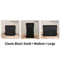 Three sizes of black faux leather storage pouches with gold lettering on silk background - Small + Medium + Large / Classic Black