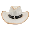 Strooiencowboyhoed met opstaande rand en zilverkleurige doodskop decoratie - Gradiënt strooien hoed / Wit met winddicht touw (Witte schedel)