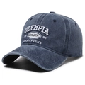 Navy blue washed cotton baseball cap with retro 1990 Olympia athletic embroidery - Navy Blue