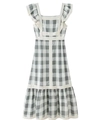 Vestido a cuadros gris-verde con escote cuadrado, tirantes de volantes y falda a capas - S / Cuadros Grises