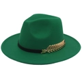 Detail of green wool fedora hat with gold leaf buckle and black decorative ribbon band - M(56-58cm) / Grass Green (Golden Leaf)