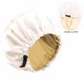 Double layer champagne satin sleep cap with black adjustable elastic band and silky finish - White