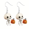 Detail of Halloween acrylic earrings featuring a cute skeleton holding a pumpkin lantern - Pumpkin Skull