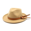 Classic camel wool fedora hat featuring a brown leather belt with white stitching detail - M(56-58cm) / Camel