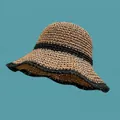 Detail of hand-woven straw hat with black wavy edge accents on dark teal background - M (56-58cm) / Double Circle Contrast / Khaki