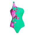 Detail of single shoulder one-piece swimsuit with vibrant green and purple floral print - S / One-Shoulder One-Piece