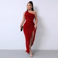 Elegant red sequin one-shoulder high-slit maxi dress for women on white background - XS / Burgundy