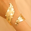 Adjustable leaf-shaped open cuff bracelet in polished gold finish for women - Golden Leaf Pattern Open Bracelet (23)