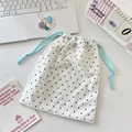 Macro detail of polka dot drawstring storage bag with soft blue cotton cords and woven label - Large / Mint Green Rope
