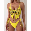 Gele tweedelige bikini met vlinderprint en vetersluiting, sexy modieuze zwemkleding - S / Geel