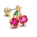 Golden cherry screw back stud earring with red and green gemstone embellishments - Red Cherry