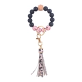 Silicone bead keychain wristlet with black beads, pink leopard tassel, and wood bead - Pink Leopard