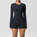 Detail of black long sleeve yoga top and high waist sports shorts with double-sided brushed fabric - S / Black