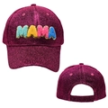 Detail of glitter rose red baseball cap with colorful MAMA chenille patches and sequins - Burgundy