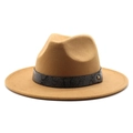 Close-up of snake skin band with gold rivet on a camel wool fedora jazz hat - Camel