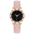 Close-up of rose gold hollow petal bezel watch with black starry dial and pink leather strap - Hollow Petal Edge Watch / Pink