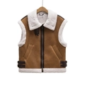 Brown faux suede vest with white sherpa fleece lining and high collar on a hanger - XS / Dark Brown