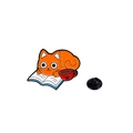 Cute orange cartoon cat reading a book with a red coffee cup enamel lapel pin - Orange Cat with Coffee Reading