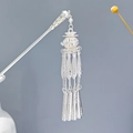 Silver hollow lantern hair stick with long layered tassels in a white ceramic vase - Hollow Lantern Teardrop Engraving (F405)