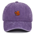Detail of purple washed cotton baseball cap with orange squirrel embroidery and distressed texture - Adjustable / Purple