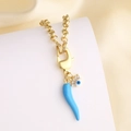 Gold-plated evil eye necklace with sky blue enamel horn pendant on champagne silk - Blue