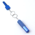 Detailed view of blue rhinestone perfume bottle keychain with metal key tool accessory - Blue
